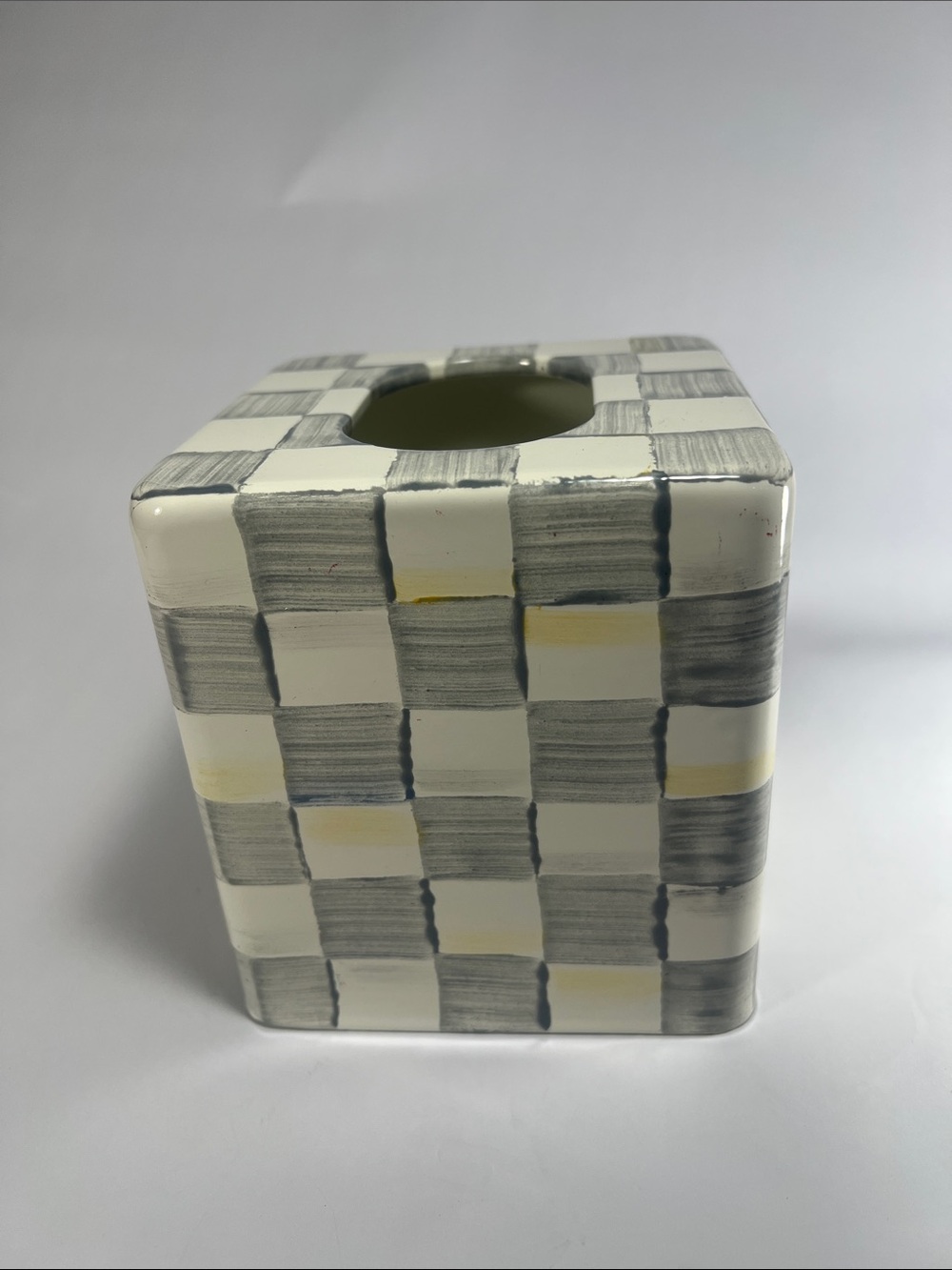 MacKenzie-Childs Hand-Painted Checker Tissue Box Cover in Gray, White & Yellow